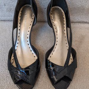 BCBGirls black patent/snakeskin, 7.5 M, open toe, 3-inch covered heel.